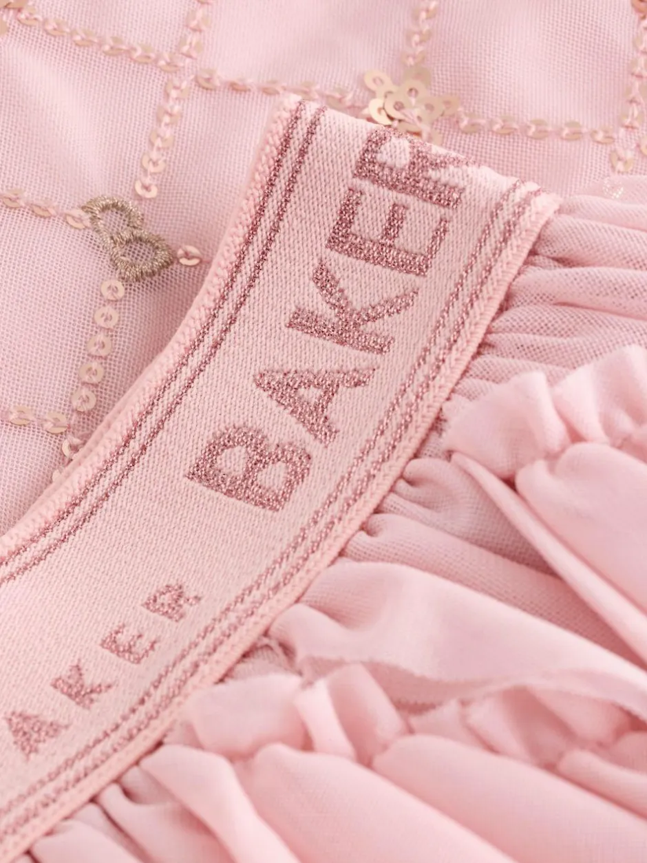 Baker by Ted Baker Pink 2 Piece Sequin Mesh Top & Ruffle Tier Skirt Set Outlet