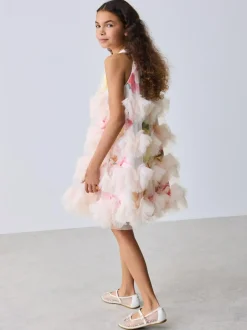 Baker by Ted Baker Pink 3D Fluffy Ruffle Mesh Overlay Halter Dress Best