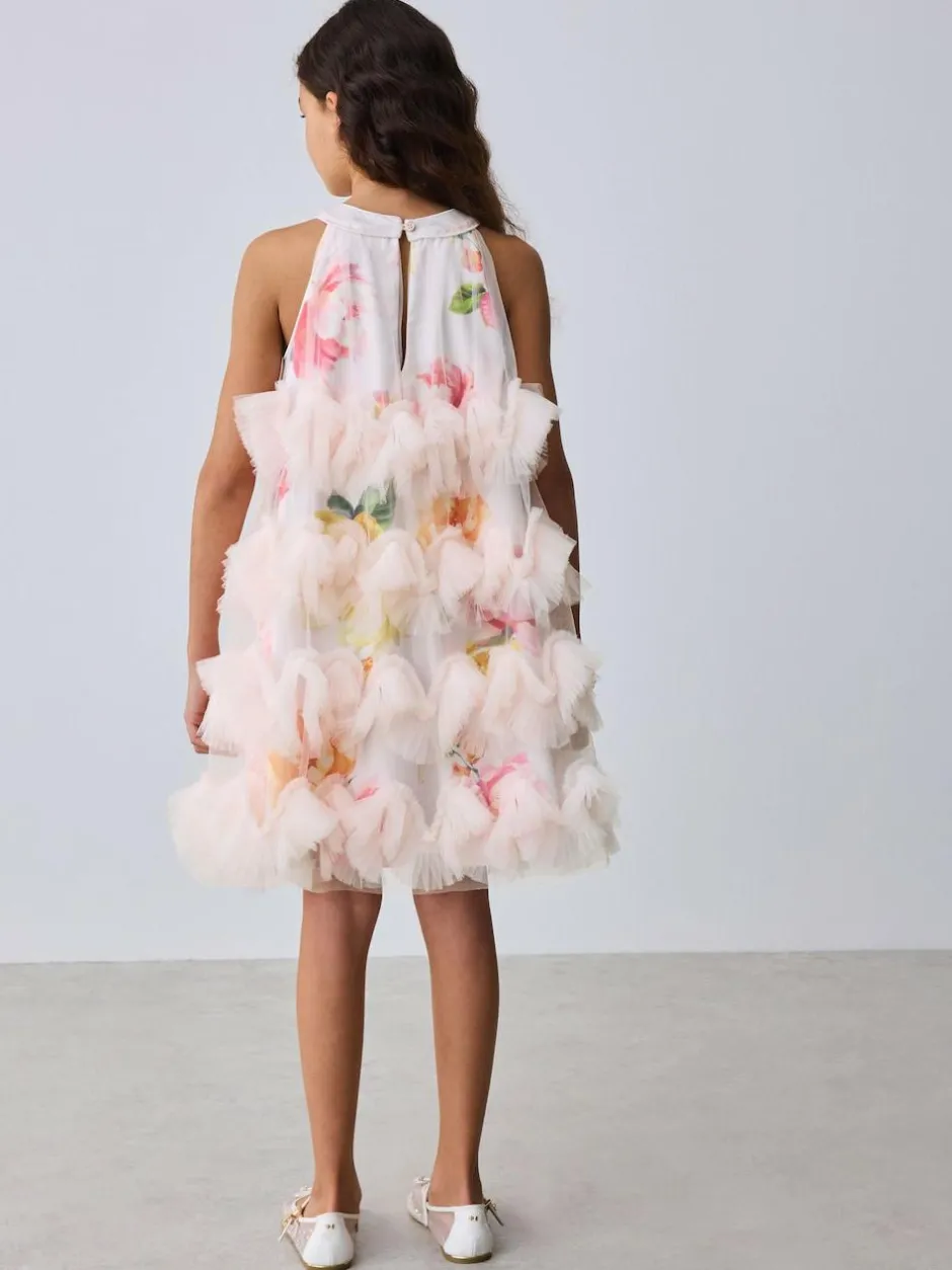 Baker by Ted Baker Pink 3D Fluffy Ruffle Mesh Overlay Halter Dress Best