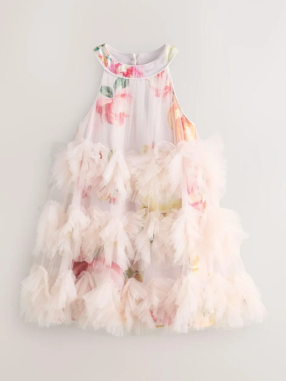 Baker by Ted Baker Pink 3D Fluffy Ruffle Mesh Overlay Halter Dress Best