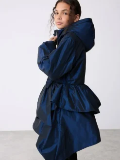 Baker by Ted Baker Shower Resistant Bow Frill Raincoat Navy New
