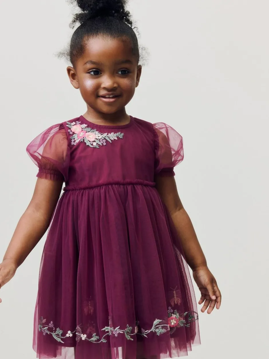 Next Berry Red Embroidered Mesh Party Dress (3mths-8yrs) Hot