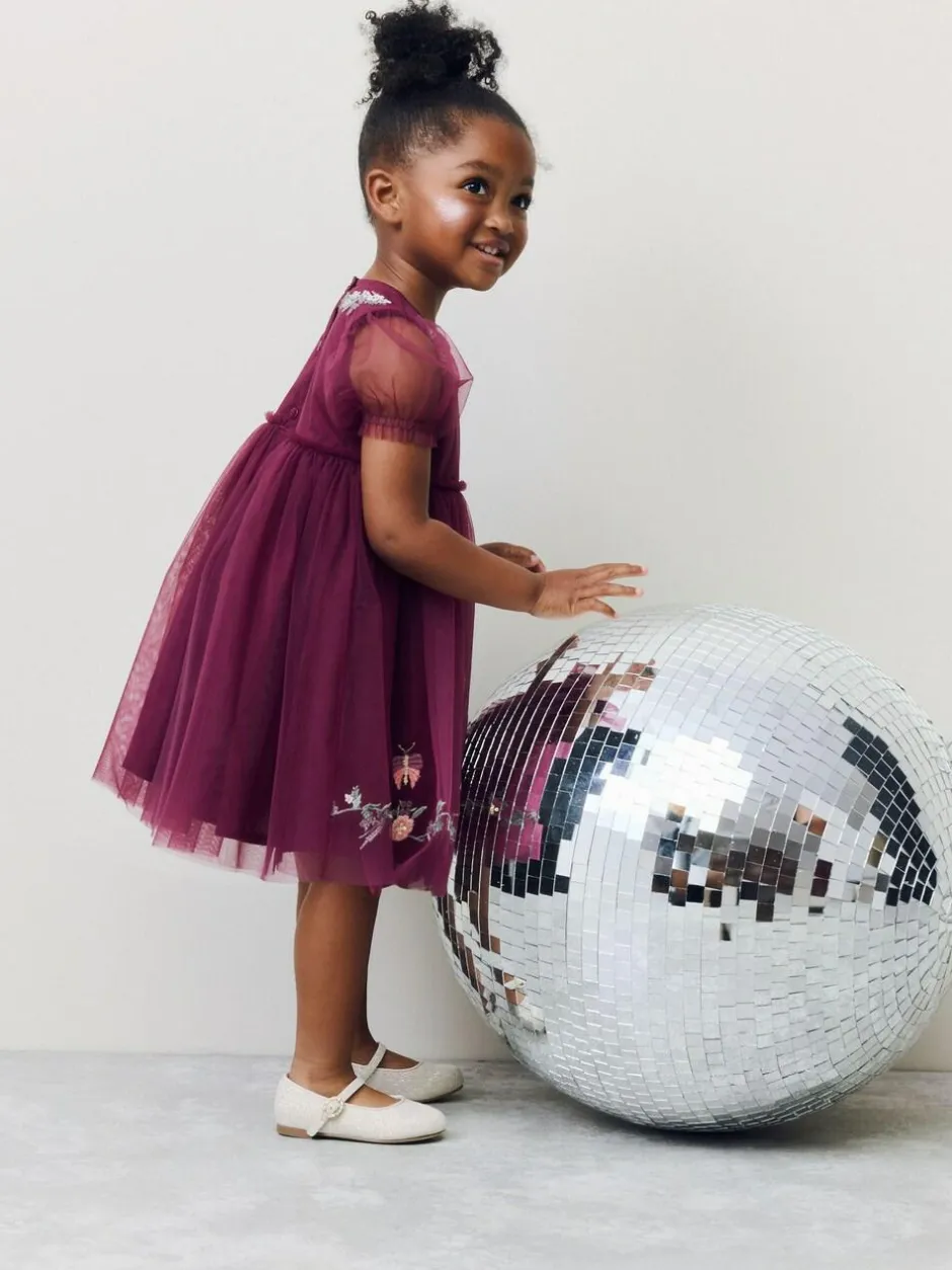Next Berry Red Embroidered Mesh Party Dress (3mths-8yrs) Hot