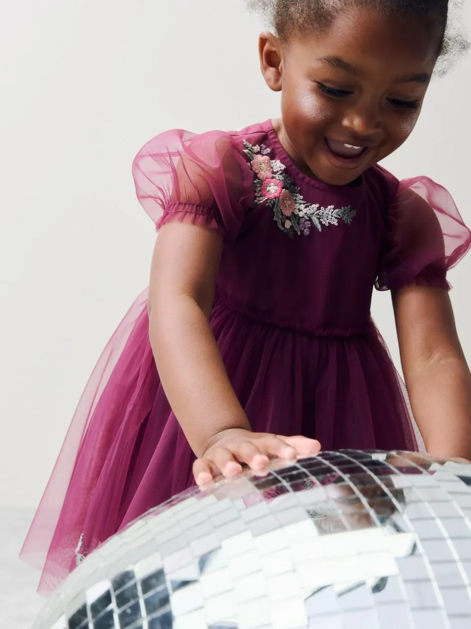 Next Berry Red Embroidered Mesh Party Dress (3mths-8yrs) Hot