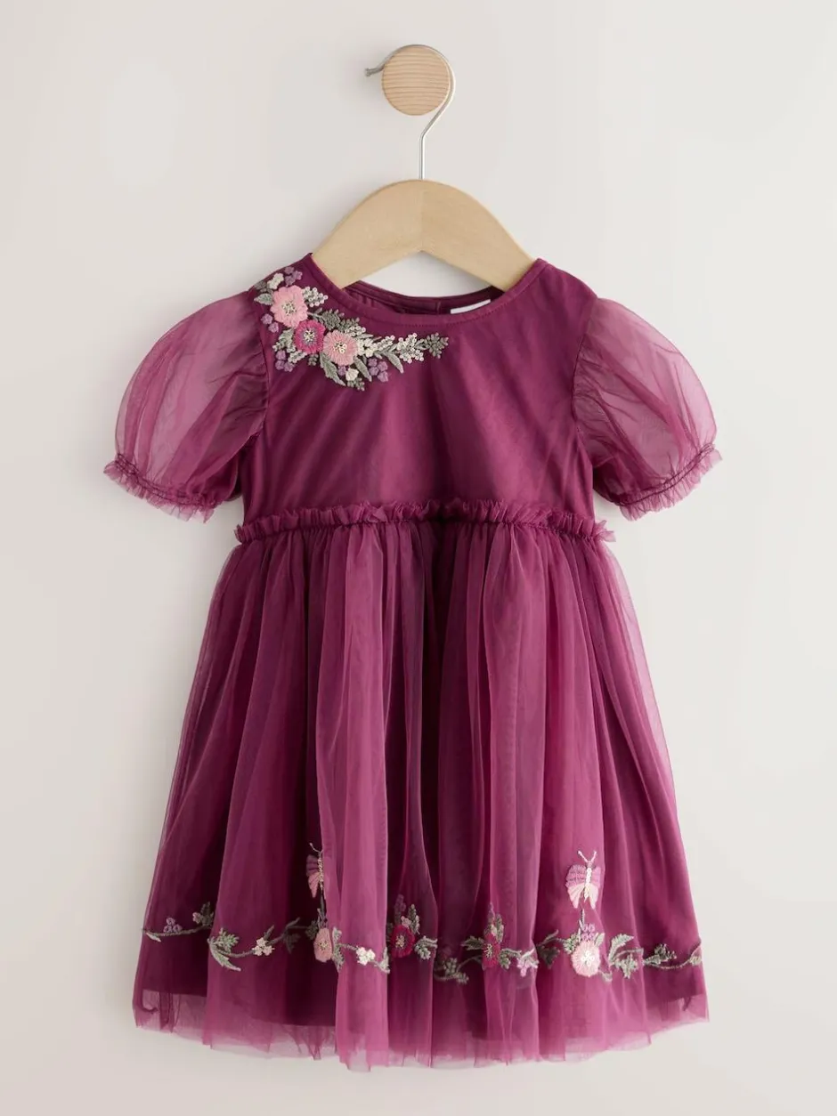 Next Berry Red Embroidered Mesh Party Dress (3mths-8yrs) Hot