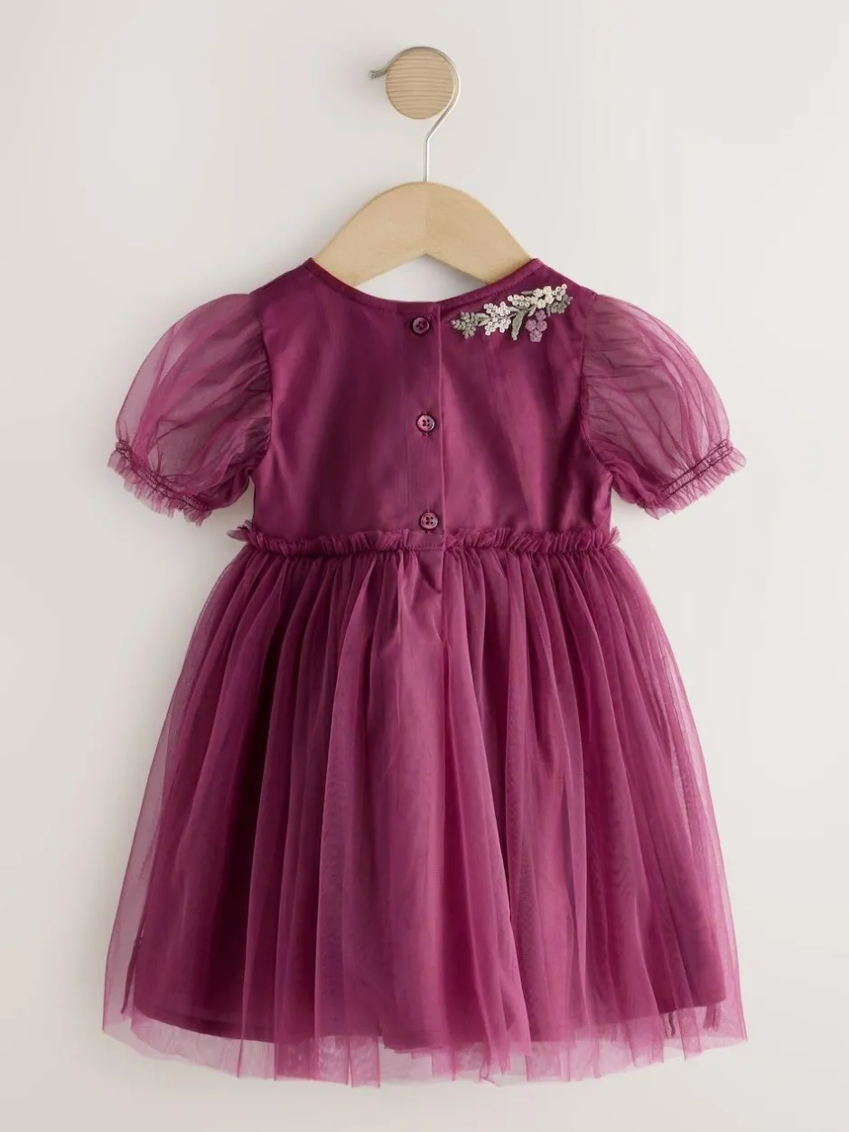 Next Berry Red Embroidered Mesh Party Dress (3mths-8yrs) Hot