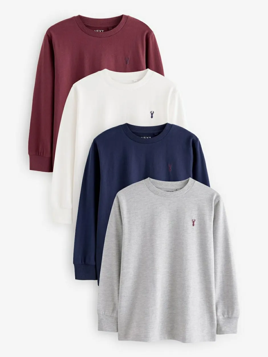 Next Stag Logo Long Sleeve Cosy T-Shirts 4 Pack (3-16yrs) Berry Red/Grey/White/Blue