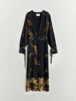 BHOEM Satin Floral Print Kimono Midi Black Dress Online