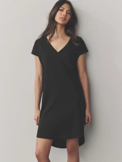 Next 100% Cotton Cap Sleeve V-Neck Mini Dress Black Online