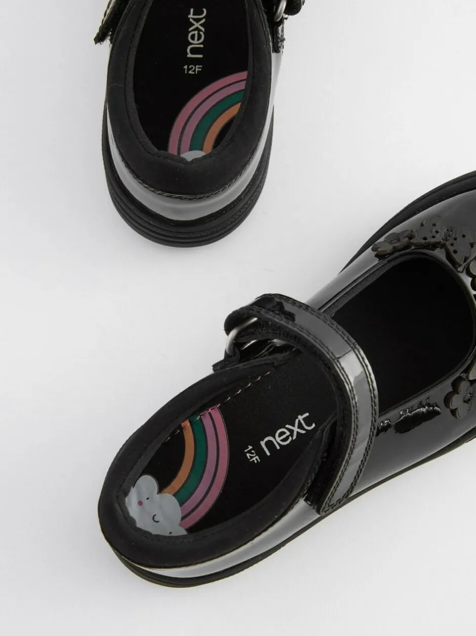 Next Black Butterfly Detail Wide Fit (G) Junior Leather School Mary Jane Shoes Clearance