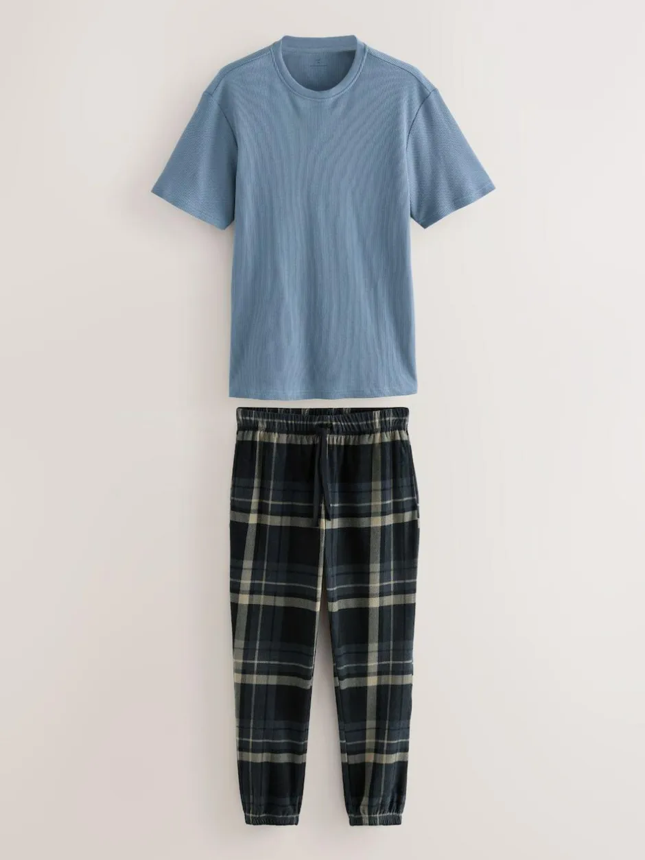 Next Textured Cosy Motionflex Cuffed Pyjamas Set Black Check Hot