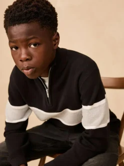 Next Colourblock Zip Neck Knitted Jumper (3-16yrs) Black