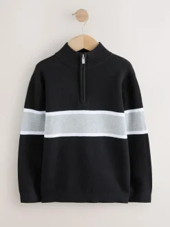 Next Colourblock Zip Neck Knitted Jumper (3-16yrs) Black