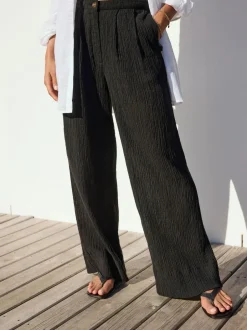 Next Black Crinkle Textured Wide Leg Trousers With Linen Clearance