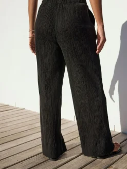Next Black Crinkle Textured Wide Leg Trousers With Linen Clearance