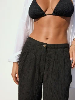 Next Black Crinkle Textured Wide Leg Trousers With Linen Clearance