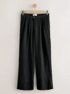 Next Black Crinkle Textured Wide Leg Trousers With Linen Clearance