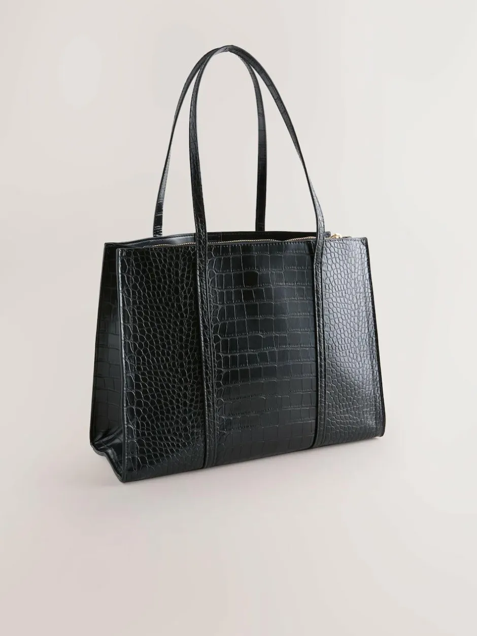 Next Structured Tote Bag Black Croc Effect Outlet