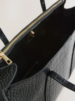 Next Structured Tote Bag Black Croc Effect Outlet