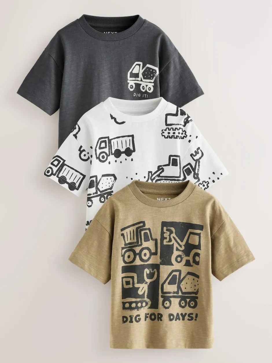 Next Short Sleeve All Over Graphic Print T-Shirts 3 Pack (3mths-7yrs) Black Digger New