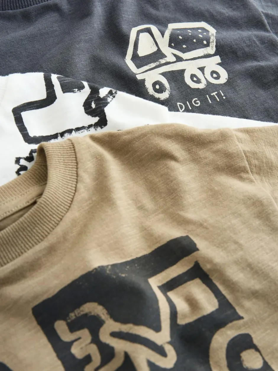 Next Short Sleeve All Over Graphic Print T-Shirts 3 Pack (3mths-7yrs) Black Digger New