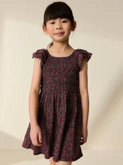 Next Smocked Frill Sleeve Dress (3-16yrs) Black Ditsy