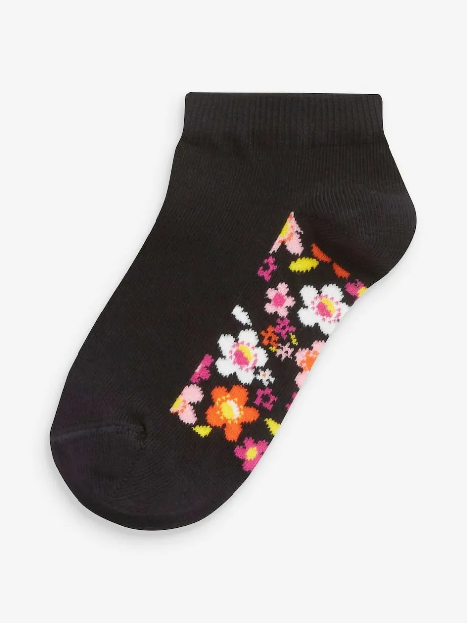 Next 5 Pack Cotton Rich Footbed Trainer Socks Black Floral Hot