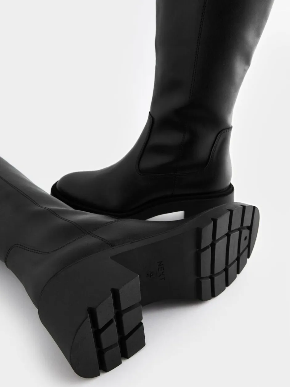 Next Black Forever Comfort® Chunky Heeled Round Toe Knee High Boots
