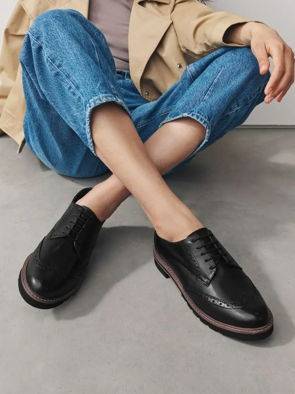 Next Black Forever Comfort® Leather Brogue Detailing Chunky Sole Lace-Up Shoes Outlet