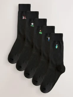 Next Fun Embroidered Socks 5 Pack Black Golfing New
