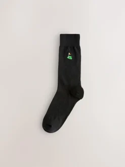 Next Fun Embroidered Socks 5 Pack Black Golfing New