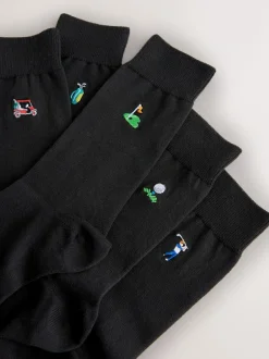 Next Fun Embroidered Socks 5 Pack Black Golfing New