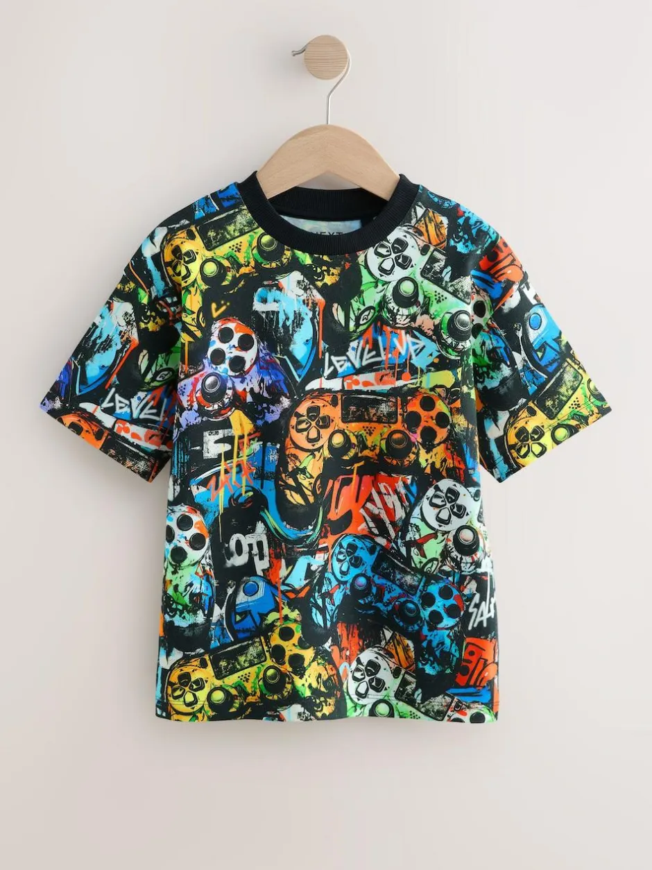 Next Relaxed Fit Short Sleeve All-Over Print T-Shirt (3-16yrs) Black Graffiti Controller