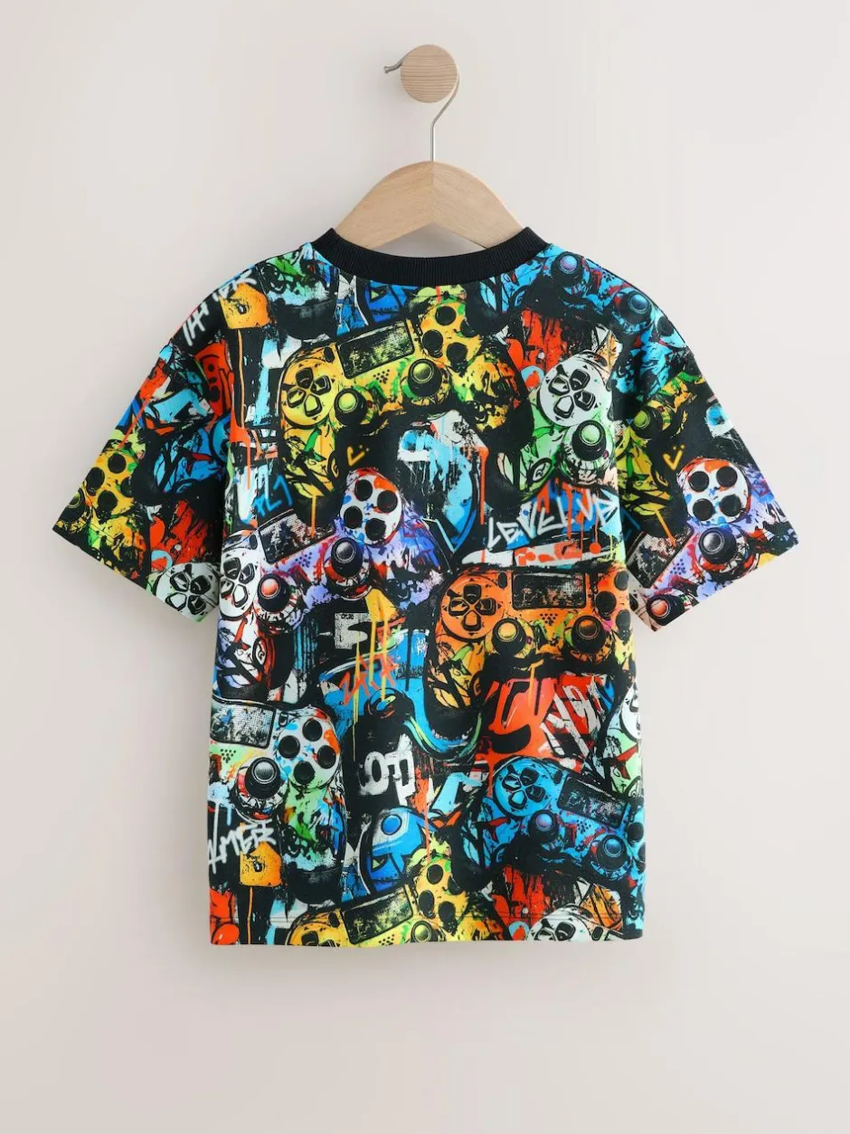 Next Relaxed Fit Short Sleeve All-Over Print T-Shirt (3-16yrs) Black Graffiti Controller