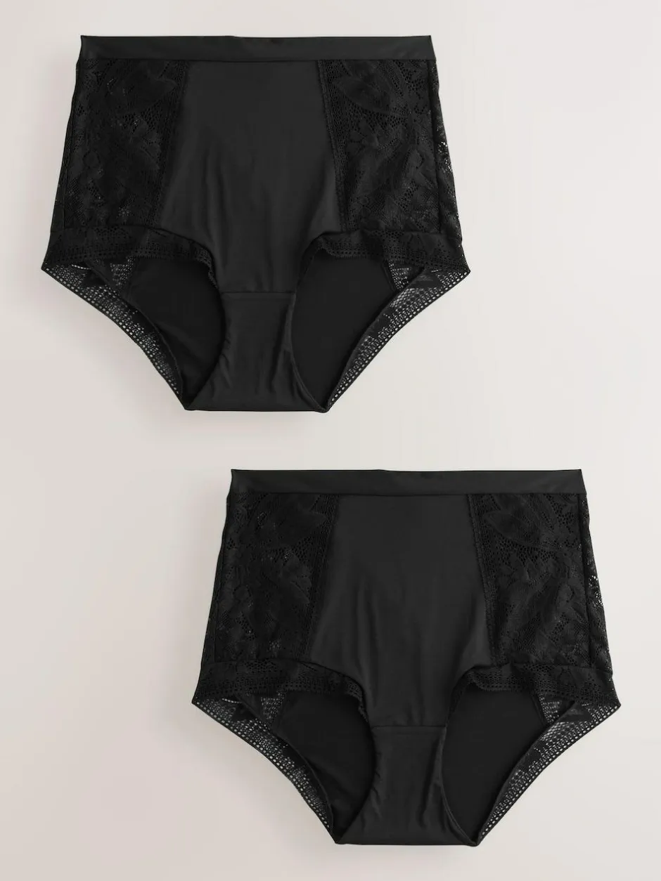 Next High Waist Lace & Microfibre Knickers 2 Pack Black Clearance