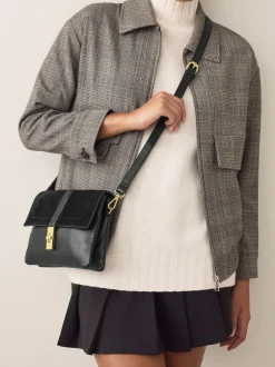 Next Leather Croc Effect Cross-Body Bag Black New
