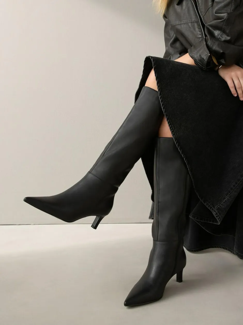 Next Knee High Skinny Heeled Boots Black Leather Clearance