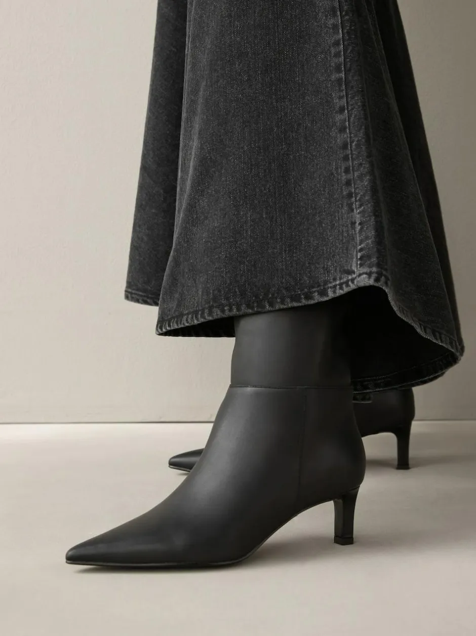 Next Knee High Skinny Heeled Boots Black Leather Clearance