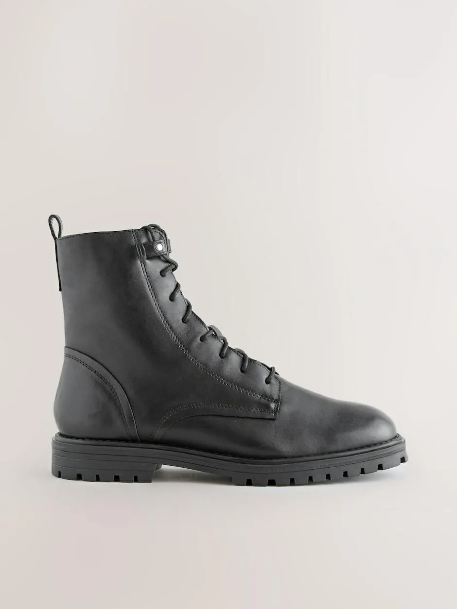 Next Black Leather Standard/Wide Fit Forever Comfort® Square Toe Lace-Up Boots New