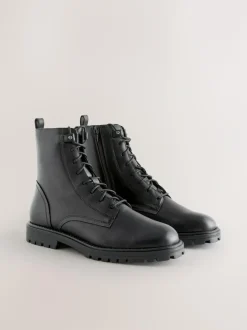 Next Black Leather Standard/Wide Fit Forever Comfort® Square Toe Lace-Up Boots New