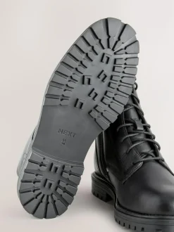Next Black Leather Standard/Wide Fit Forever Comfort® Square Toe Lace-Up Boots New