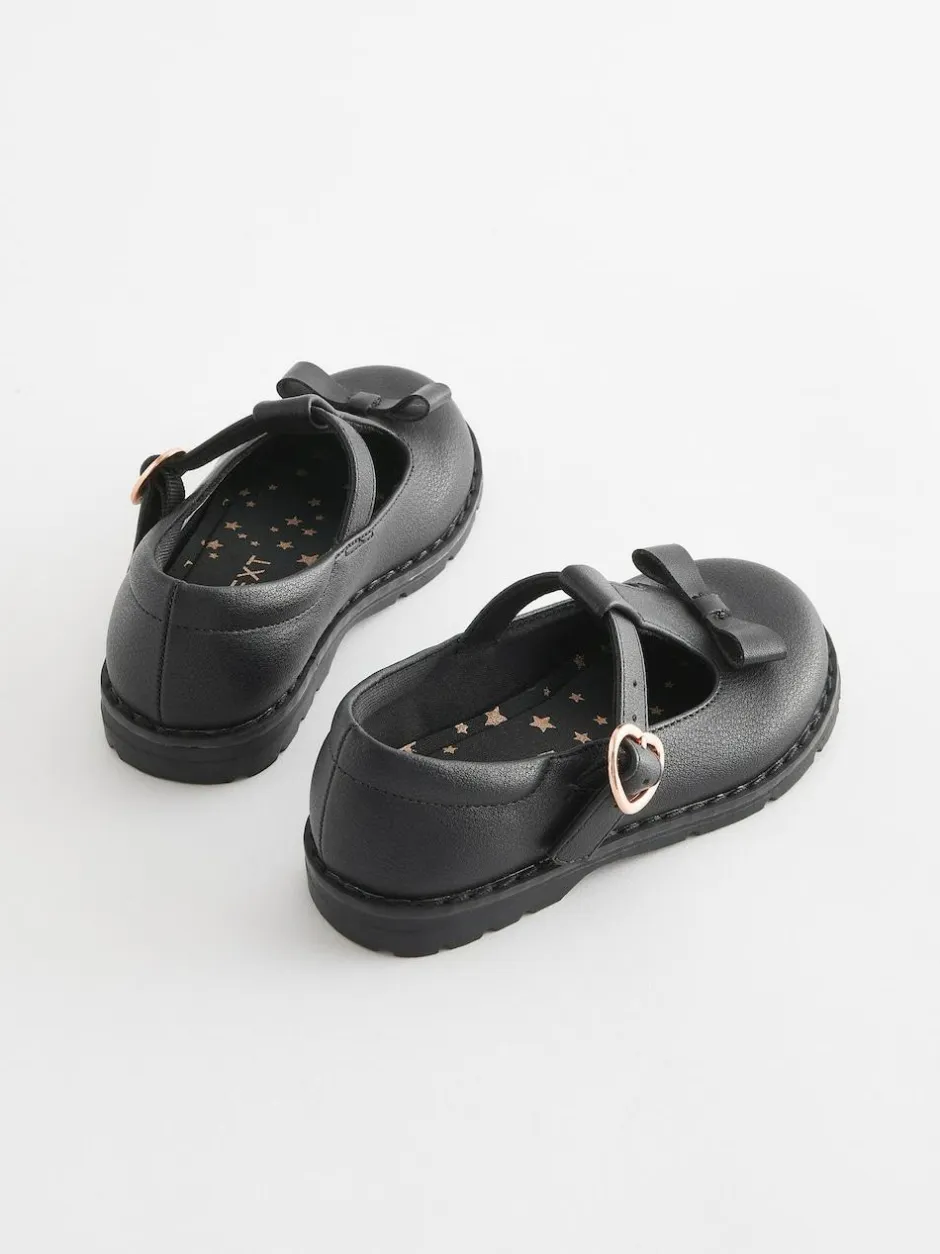 Next Standard Fit (F) School Junior Bow T-Bar Shoes Black Matt Discount