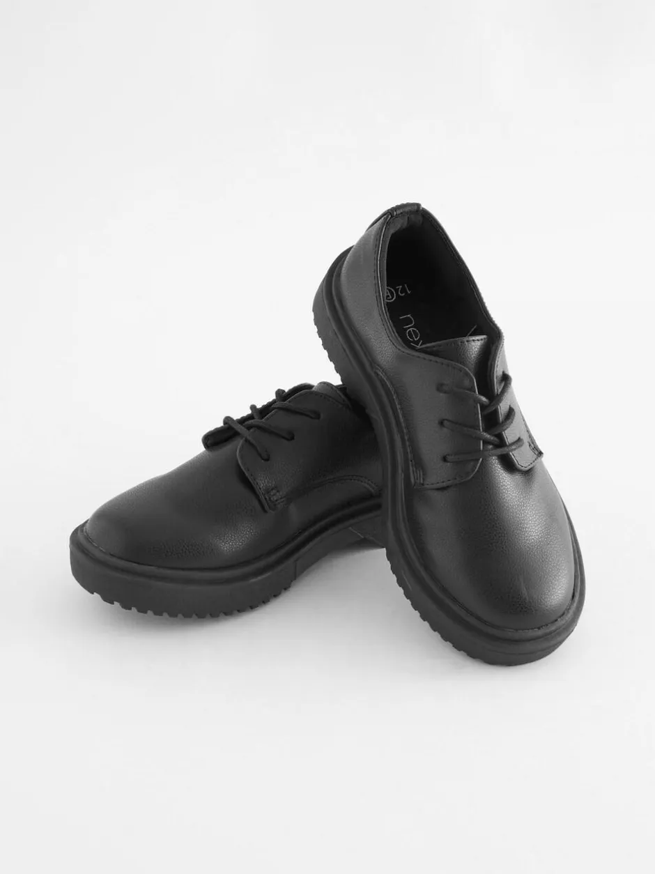 Next Black Matt Wide Fit (G) School Chunky Lace-Up Shoes New