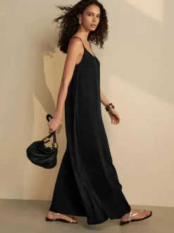 Next Maxi Length Trapeze Shape Ruched Neckline Thin Vest Strap Dress Black Online