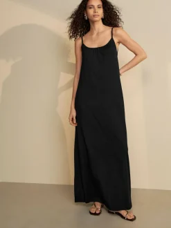 Next Maxi Length Trapeze Shape Ruched Neckline Thin Vest Strap Dress Black Online