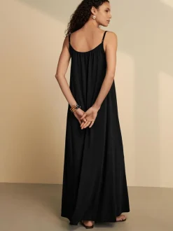Next Maxi Length Trapeze Shape Ruched Neckline Thin Vest Strap Dress Black Online