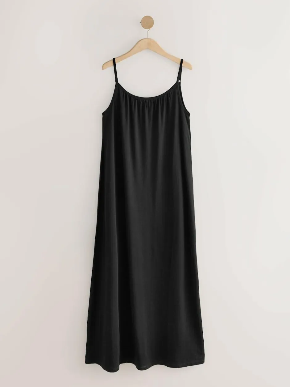 Next Maxi Length Trapeze Shape Ruched Neckline Thin Vest Strap Dress Black Online