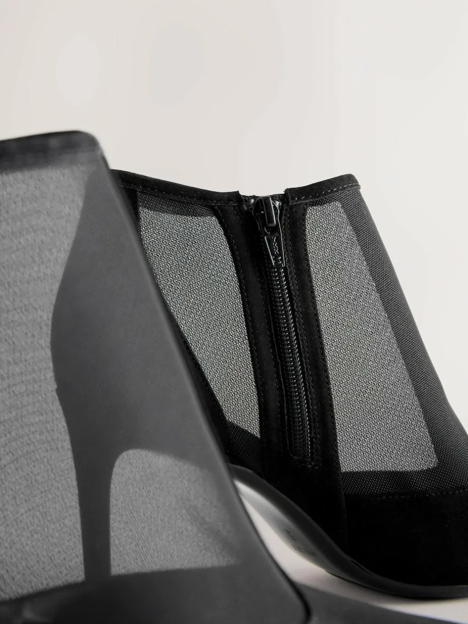 Next Black Mesh Detail Pointed Toe T-Bar Ankle Boots Clearance