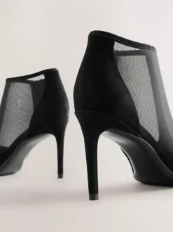 Next Black Mesh Detail Pointed Toe T-Bar Ankle Boots Clearance