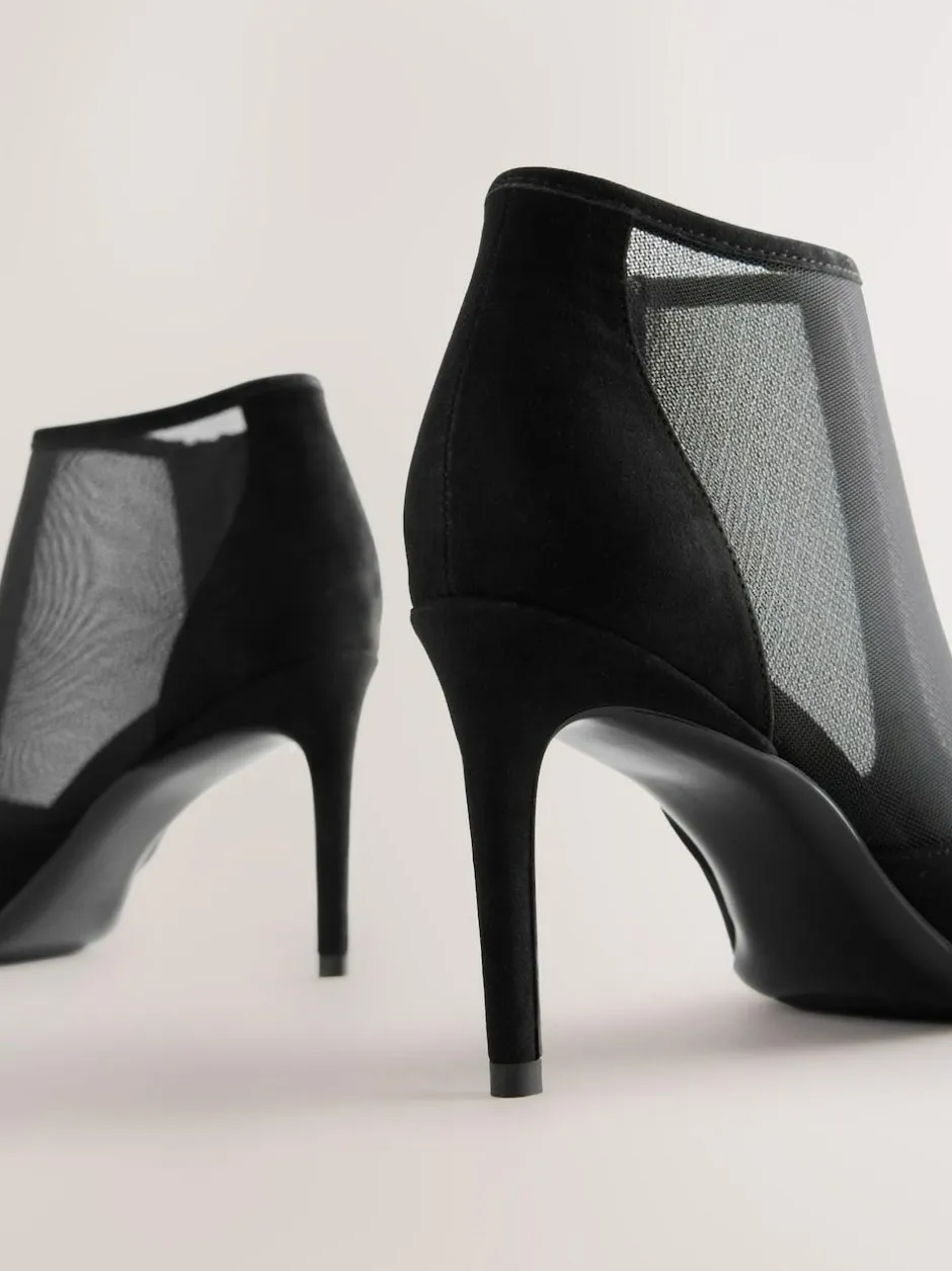 Next Black Mesh Detail Pointed Toe T-Bar Ankle Boots Clearance